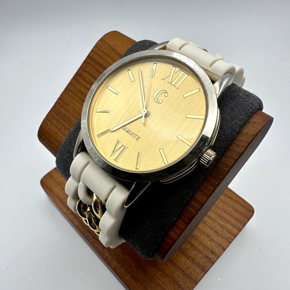 Charming Charlie Womens Gold Dial Quartz Watch White Silicone Strap Chain Accent